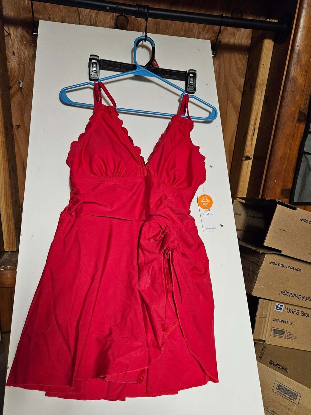 (334) Charmo Wrap-Front One Piece Swim Dress Red